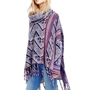 Free People Be The One Poncho Fringe Hem Sweater Pullover Wool